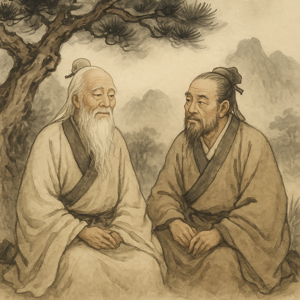 Two ancient Chinese men in a Daoist encounter - an expression of dialogue between sages