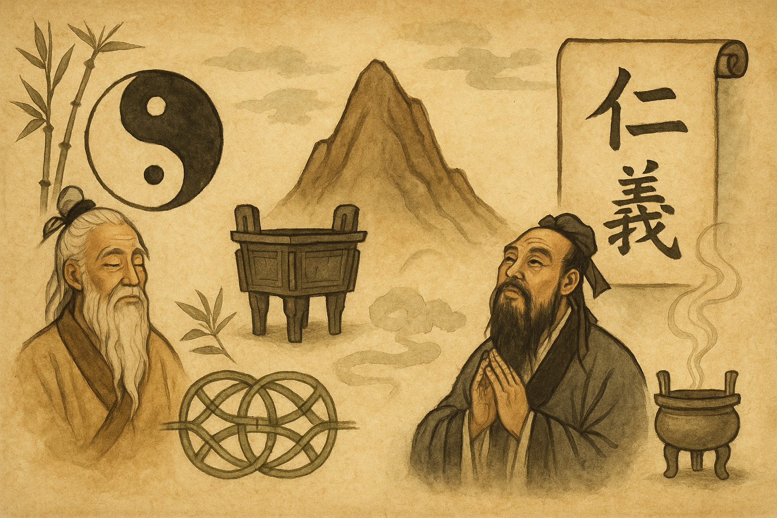 Daoist symbols - Yin and Yang, altar, and infinity - expression of cosmic harmony