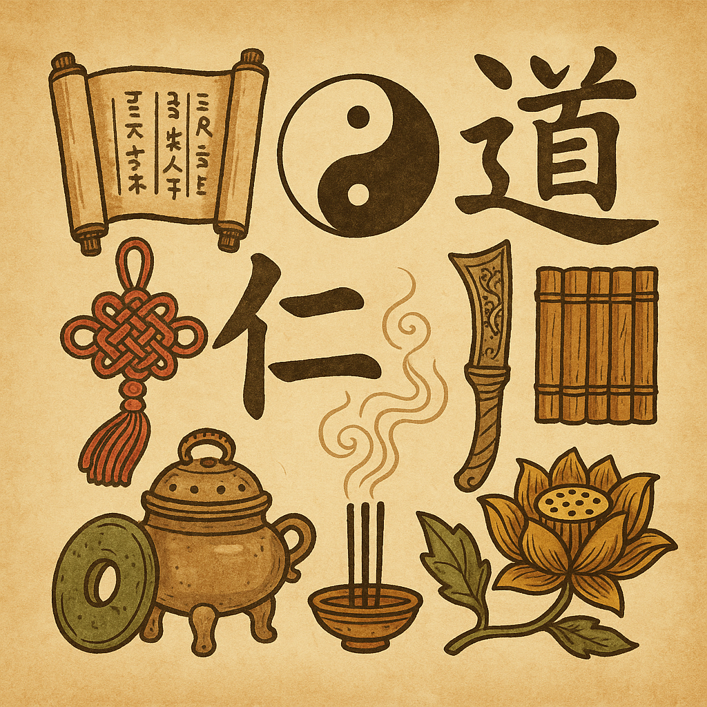 Daoist symbols - lotus flower, sword, altar, Dao character, and infinity